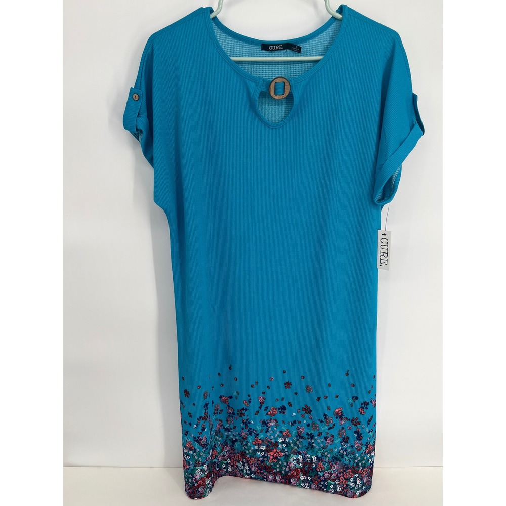 CURE. Womens Turquoise Ribbed Floral Border Print Keyhole T-Shirt Dress L NEW